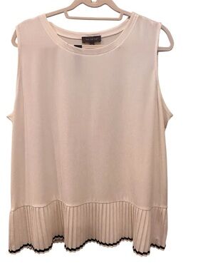 NWT Sleeveless Pleated Hem Tank Top in Cream Black Trim Preppy Career Sz XL